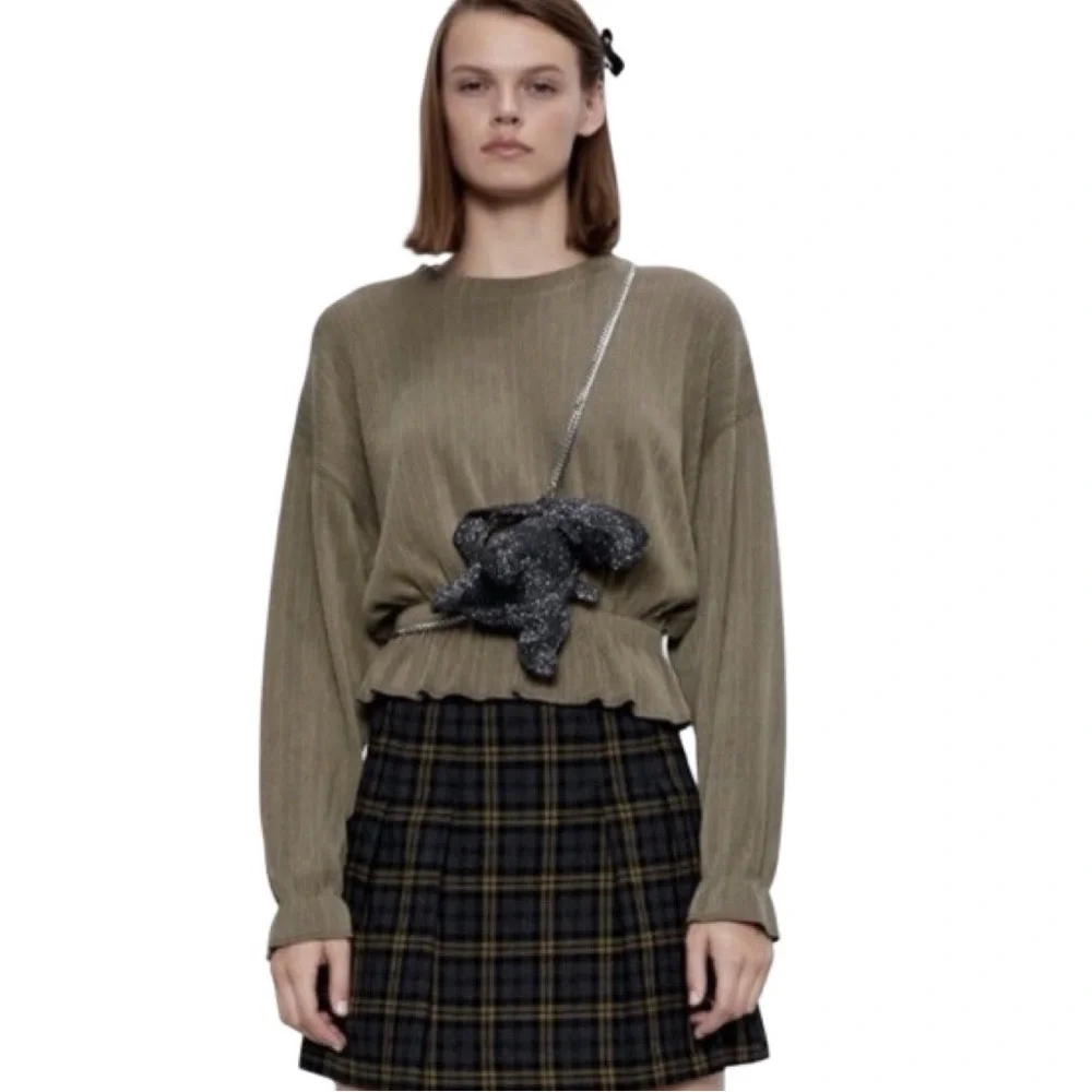 Zara Peplum Hem Ribbed Sweater - Olive Green - Picture 2 of 4